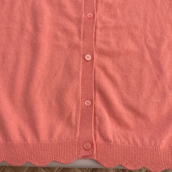 Bonpoint Girls Cardigan with Scalloped Neck and Hem. Pink Cotton/Wool Blend. - Picture 3 of 7
